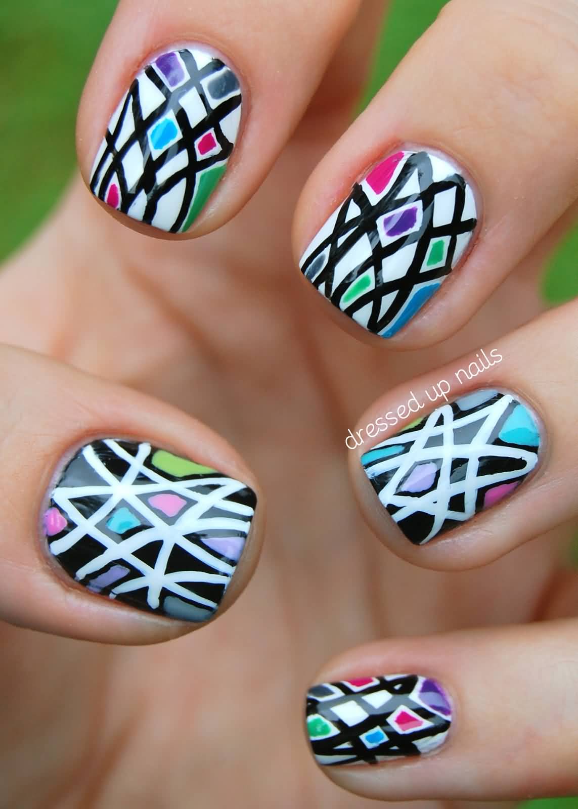 Black And White Geometric Nail Art With Pops Of Color