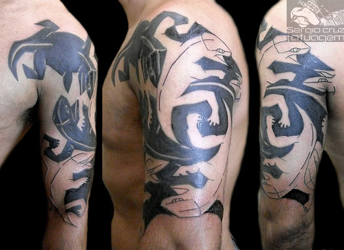 Black And White Reptiles Escher Tattoo On Left Half Sleeve