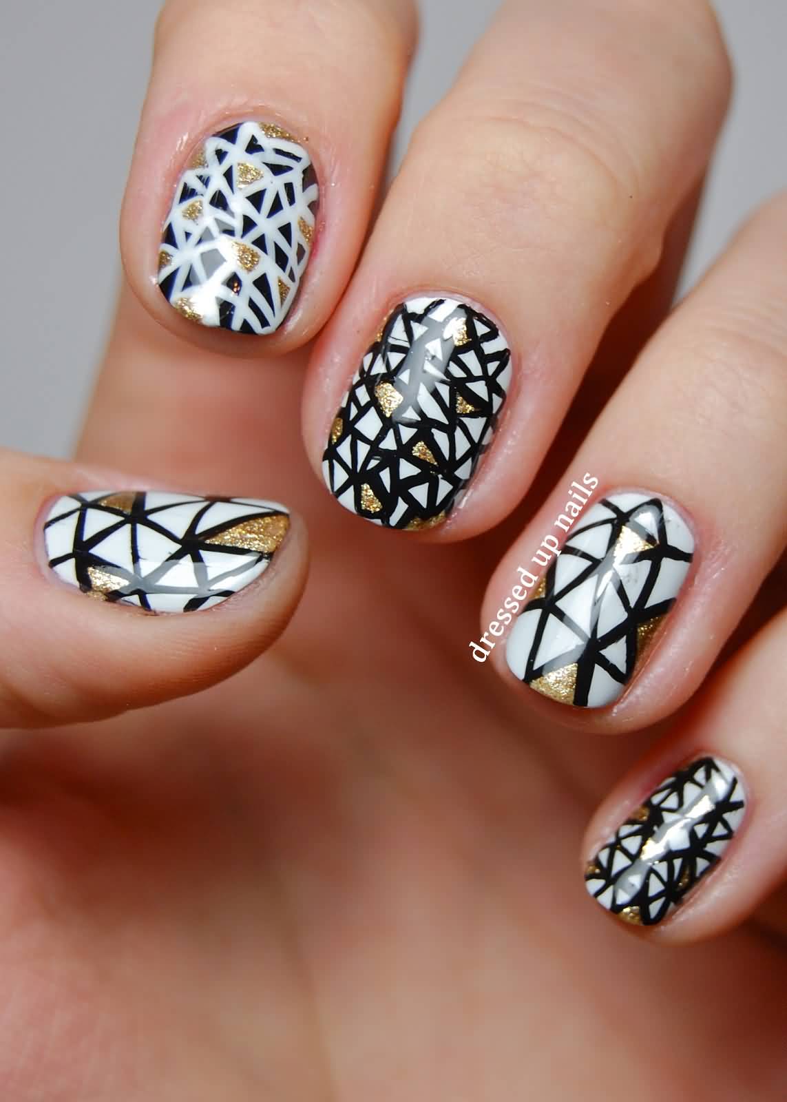 Black And White Stripes With Gold Glitter Triangles Design Geometric Nail Art