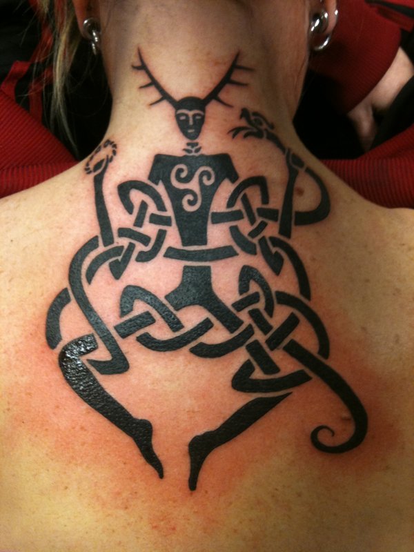 Black Cernussnos Pagan Tattoo On Upper Back By Dashinvaine