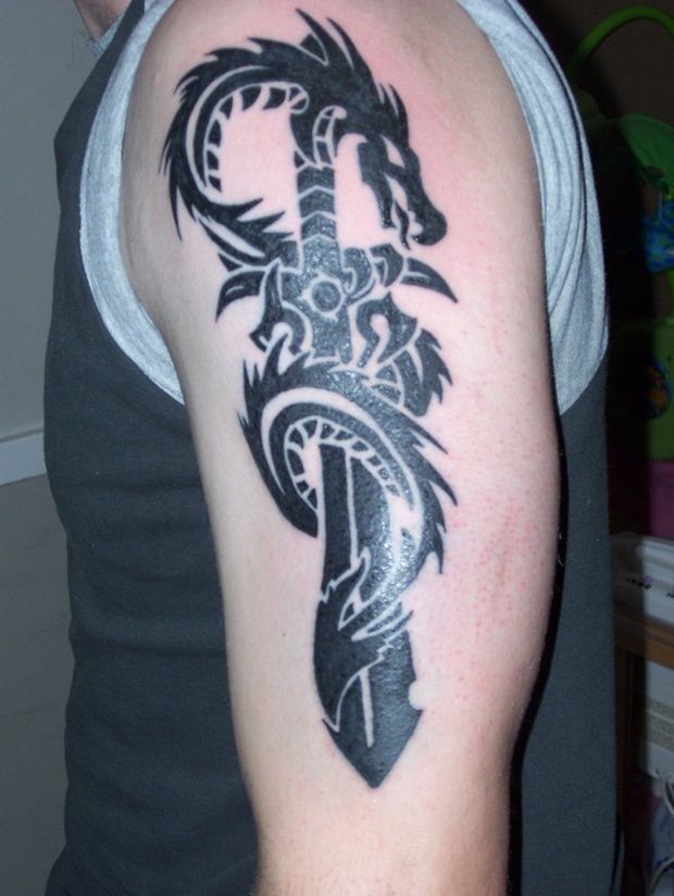 Black Dragon Around Dagger Weapons Tattoo On Left Half Sleeve