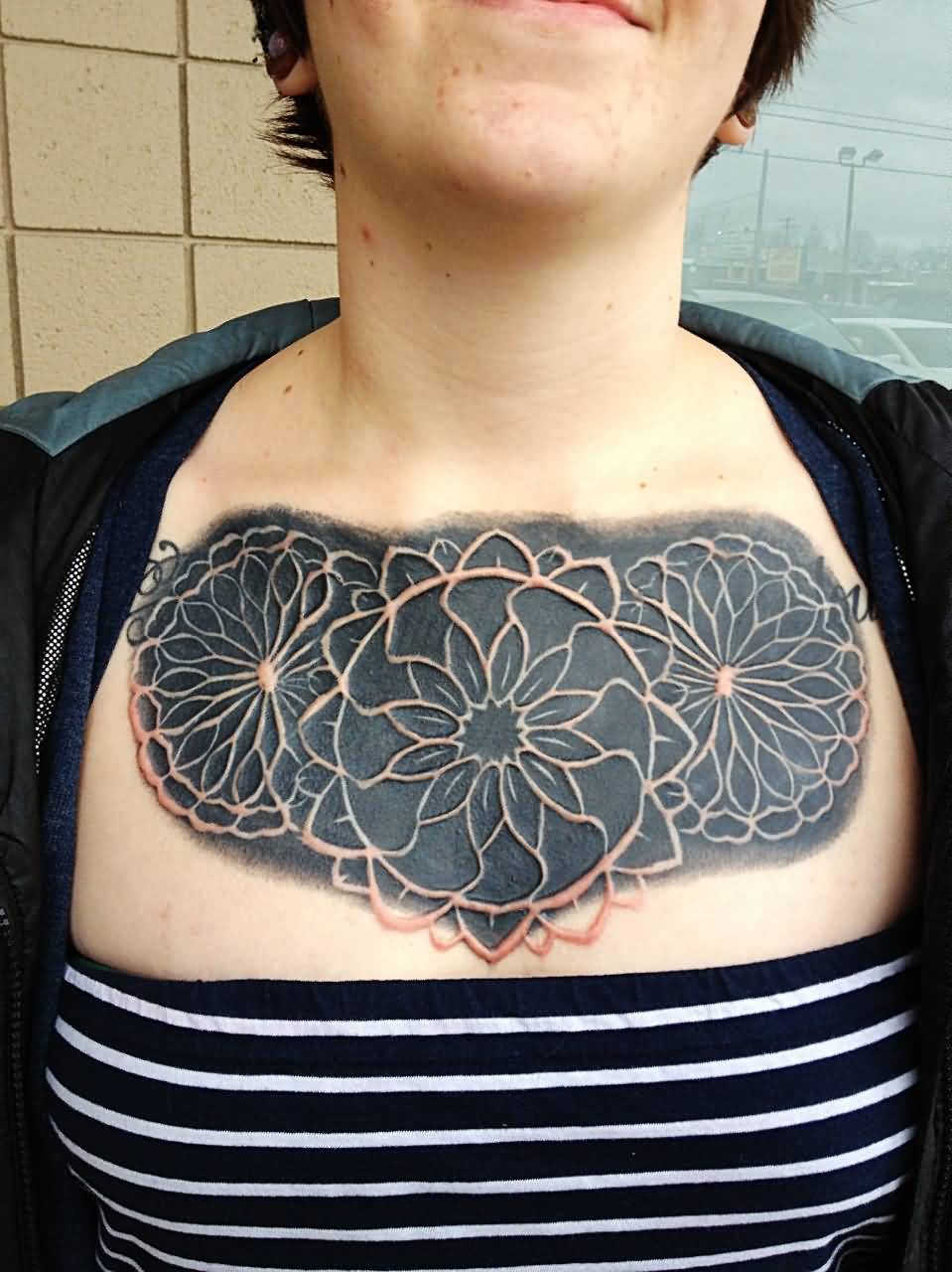 Black Healed Scarification Tattoo On Chest For Women
