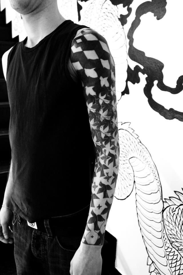Black Ink Birds Morphing Into Escher Design Tattoo On Full Sleeve