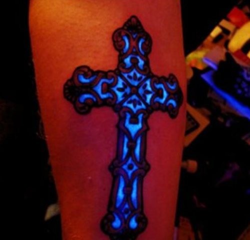 Black Light Gothic Cross UV Tattoo On Arm Sleeve
