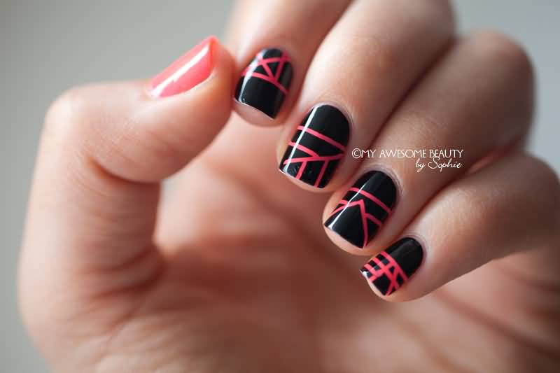 Black Nails With Neon Stripes Geometric Nail Art Design
