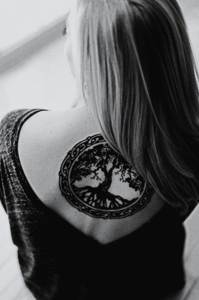 Black Pagan Tree Tattoo On Upper Back For Girls