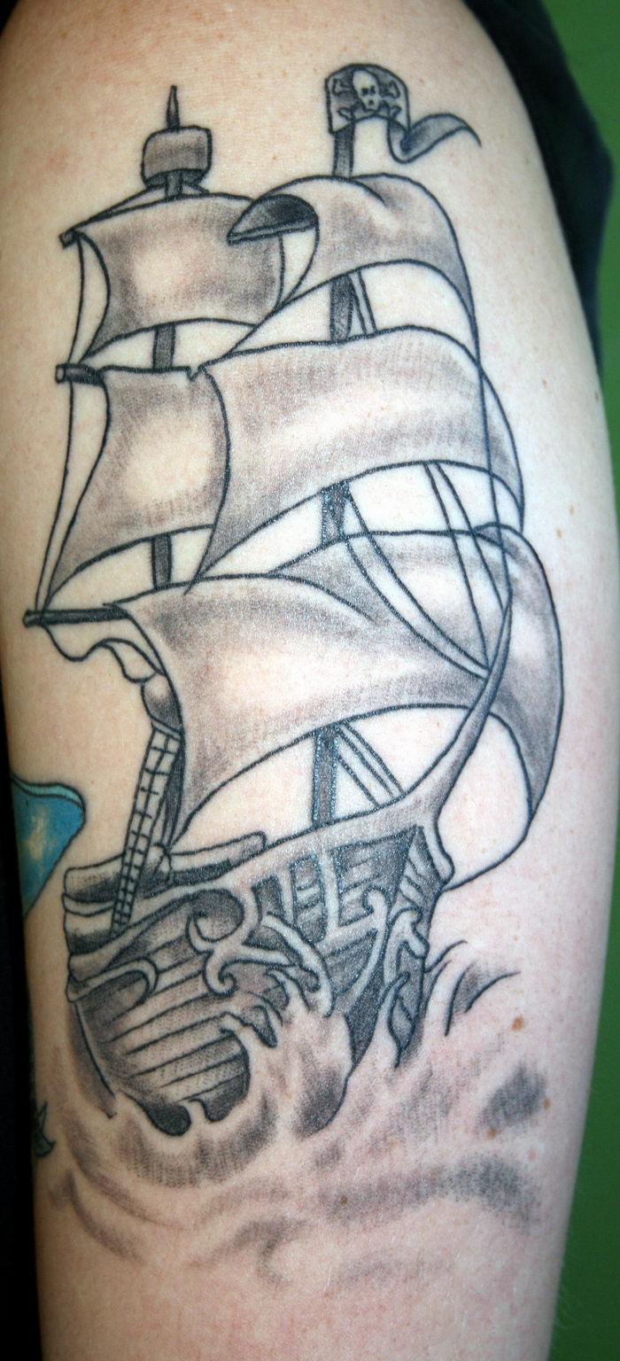 Black Pirate Ship Tattoo On Arm