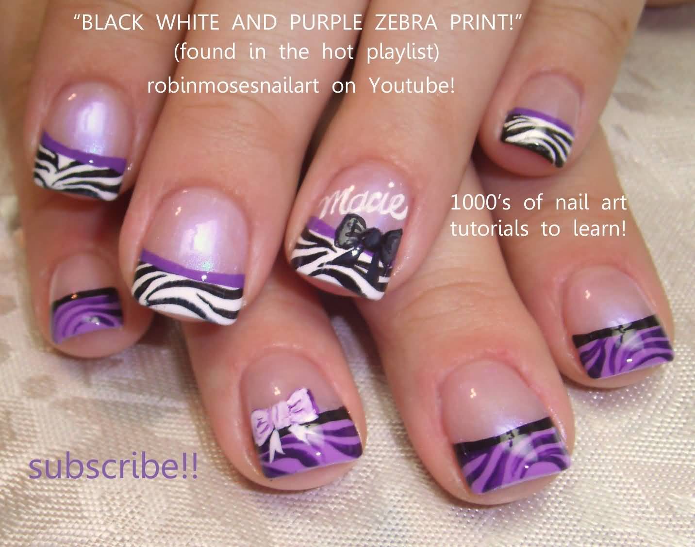 Black White And Purple Zebra Print Nail Art