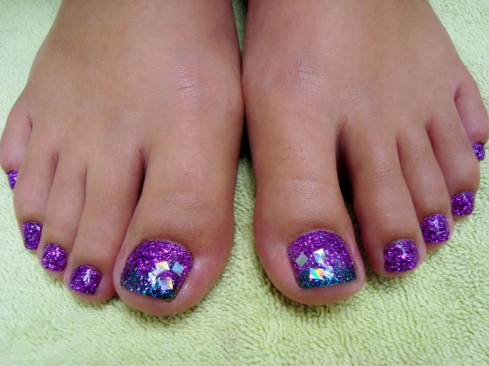 Blue And Purple Glitter Toe Nail Art With Crystals Design Idea