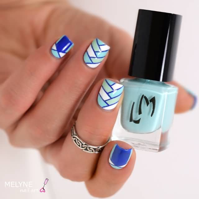 Blue And White Geometric Nail Art Design Idea