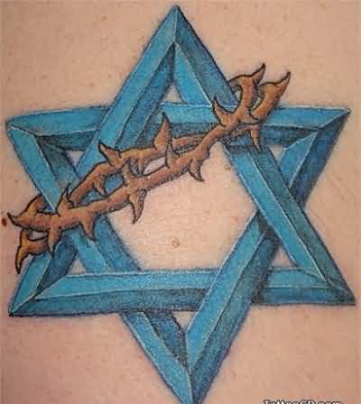 Blue Color Star Of David With Thorns Circle Tattoo Design
