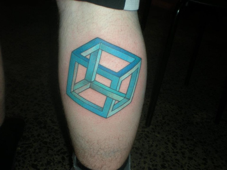 Blue Escher Cube Tattoo On Back Leg