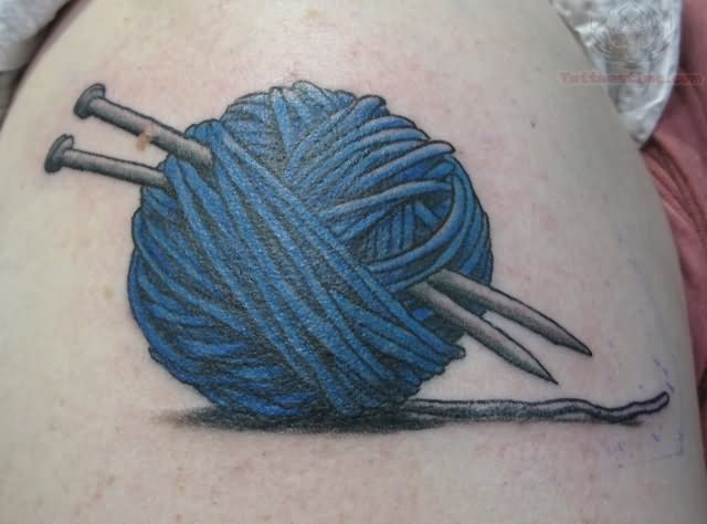 Blue Ink Yarn With Knitting Needles Tattoo For Girls
