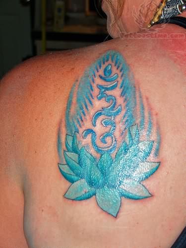 Blue Lotus Tibetan Tattoo On Left Back Shoulder