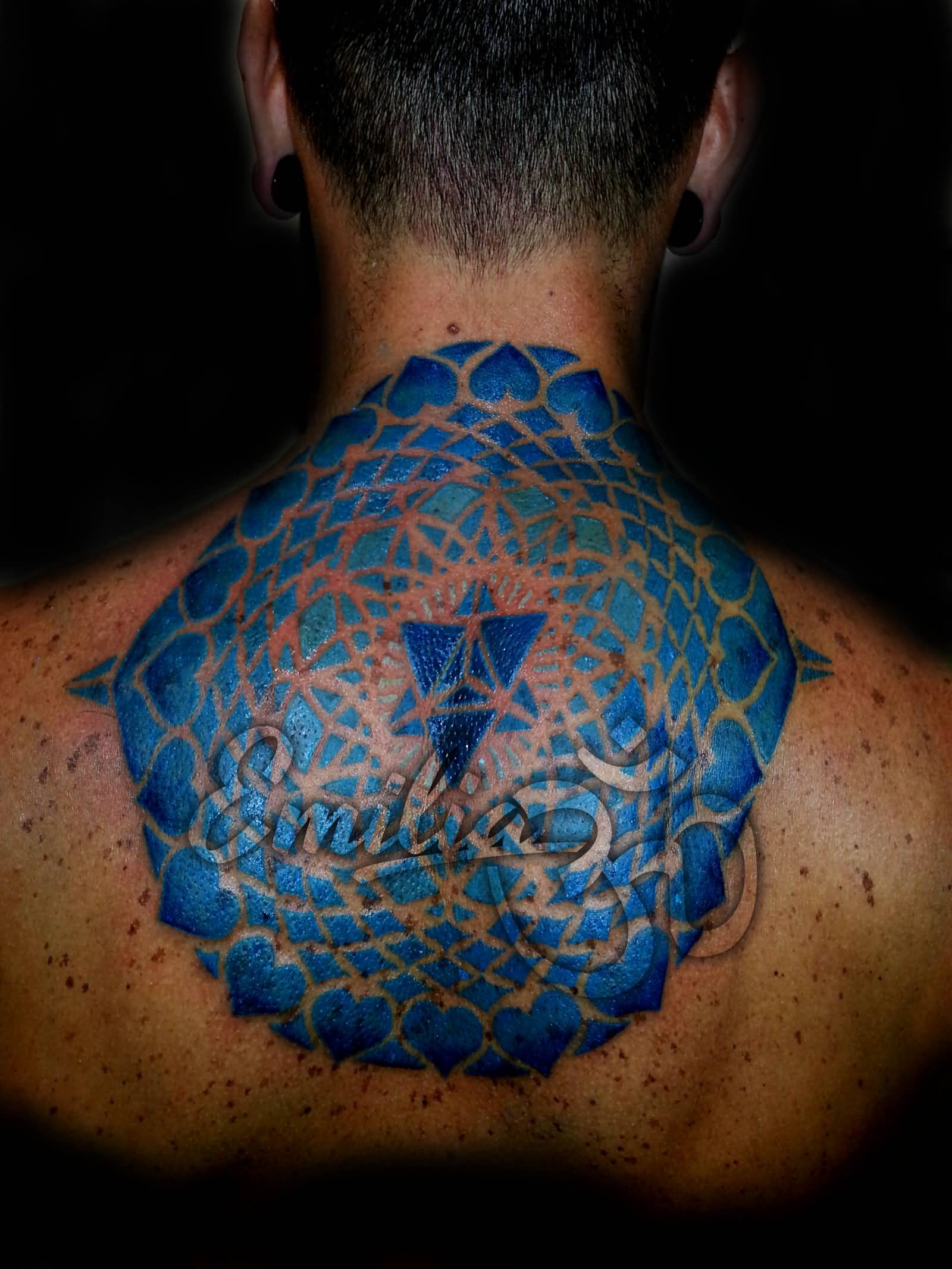 Blue Spiritual Om Mandala Tattoo On Upper Back For Men