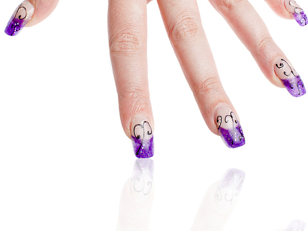 Bright Purple Tip Nails With Black Swirls Design Idea