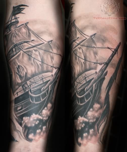 Brilliant Black And Grey Pirate Ship Tattoo On Arm