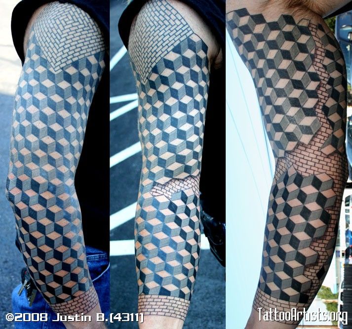 Brilliant Cube Escher Pattern Tattoo On Full Sleeve