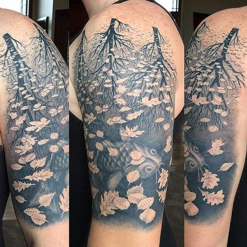 Brilliant Escher Fish With Tree And Leaves Tattoo On Left Half Sleeve
