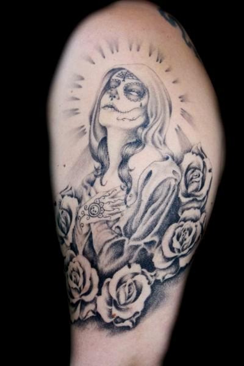 Brilliant Grey Catrina With Rose Flowers Half Sleeve Tattoo