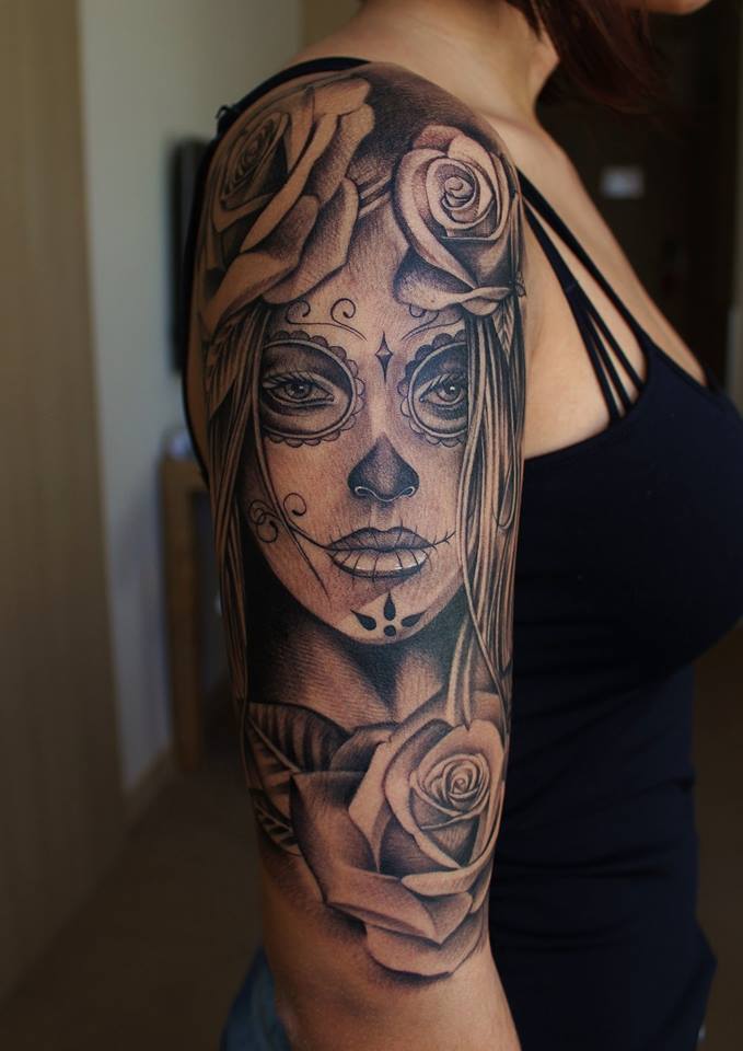 Brilliant Grey Catrina With Rose Flowers Tattoo On Right Half Sleeve