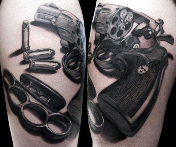Brilliant Gun And Bullets With Knuckle Tattoo