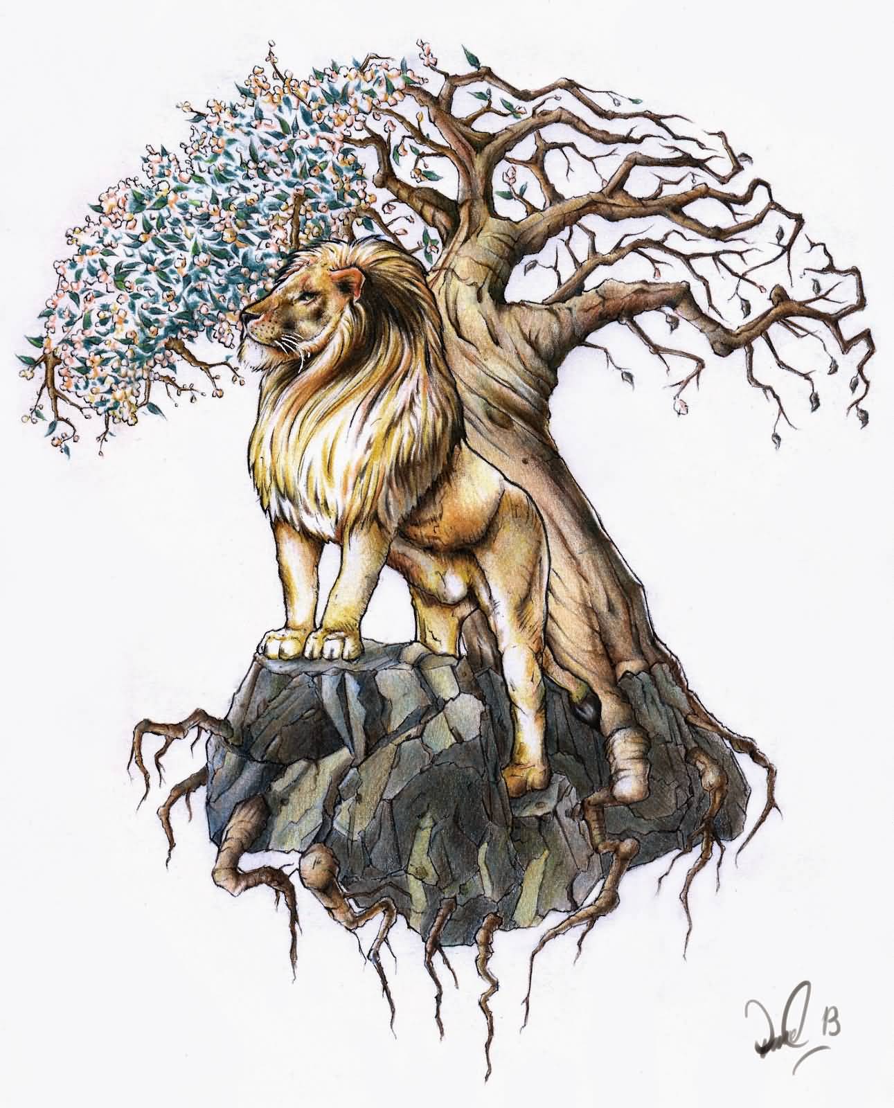 Brilliant Lion And Tree Of Life Tattoo Design