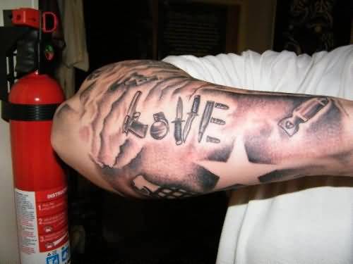 Brilliant Love Weapons Tattoo On Arm Sleeve