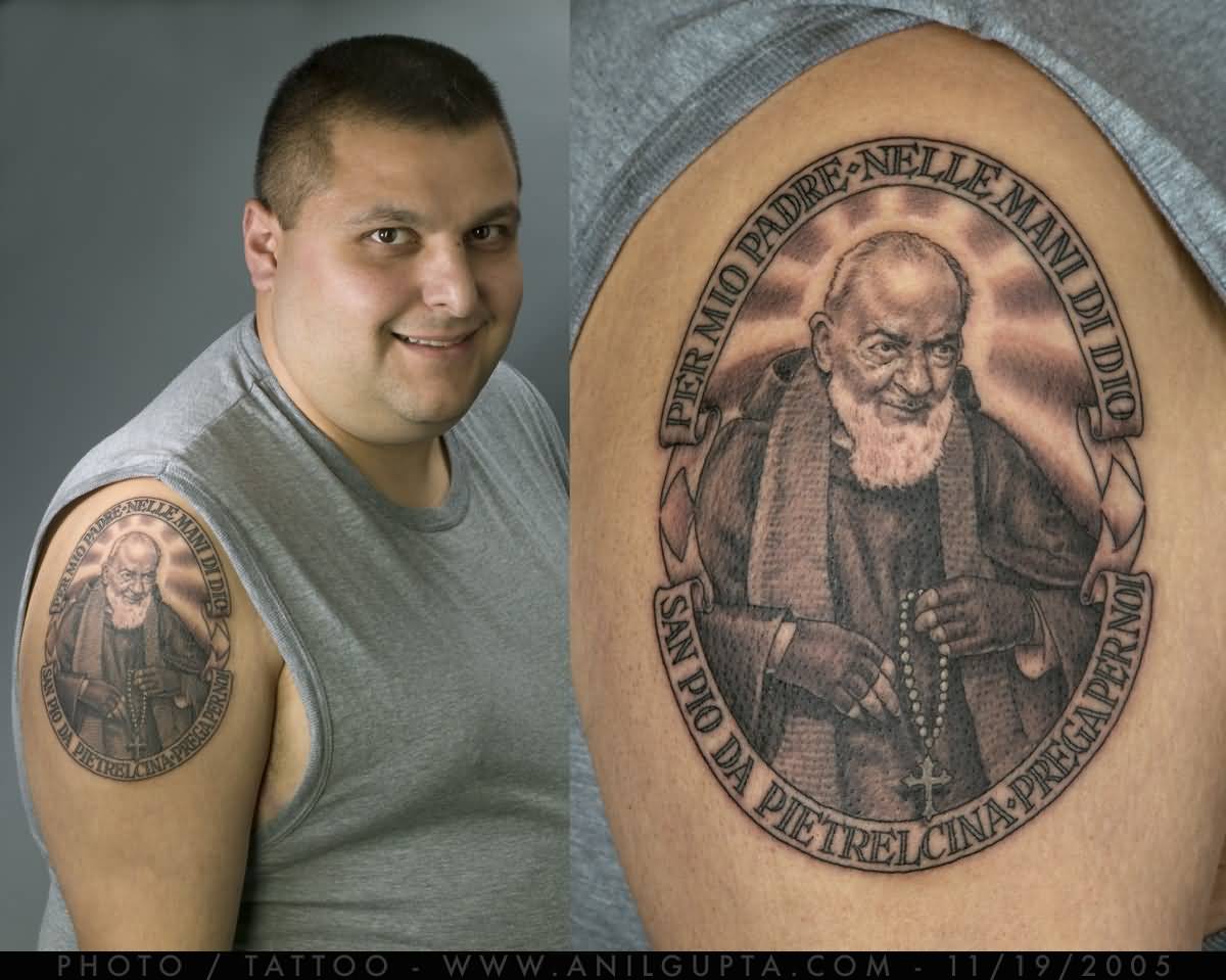 Brilliant Padre Pio Spiritual Tattoo On Right Shoulder