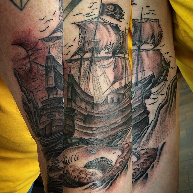 Brilliant Pirate Ship With Shark Tattoo
