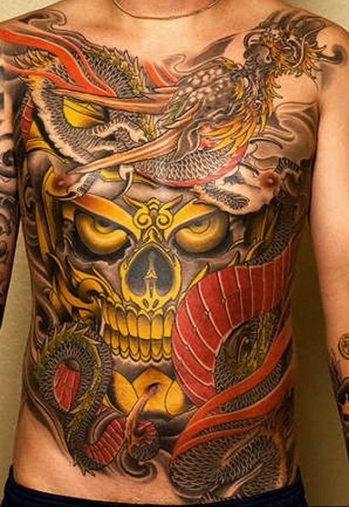 Brilliant Scary Tibetan Tattoo On Front Body For Men