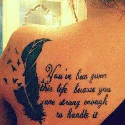 Brilliant Strength Quote With Feather Tattoo On Left Back Shoulder