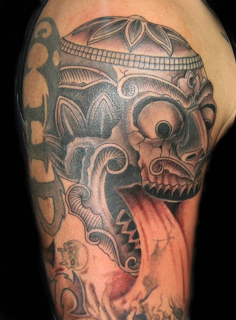 Brilliant Tibetan Skull Tattoo On Right Half Sleeve