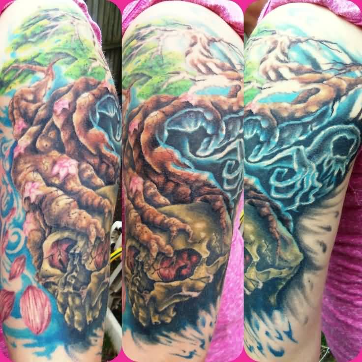 Brilliant Tree Of Life Tattoo On Left Half Sleeve For Men