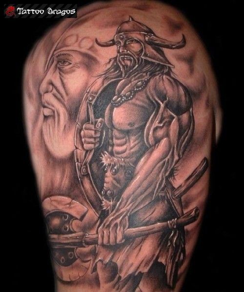 Brilliant Viking Armored With Weapons Tattoo On Left Half Sleeve