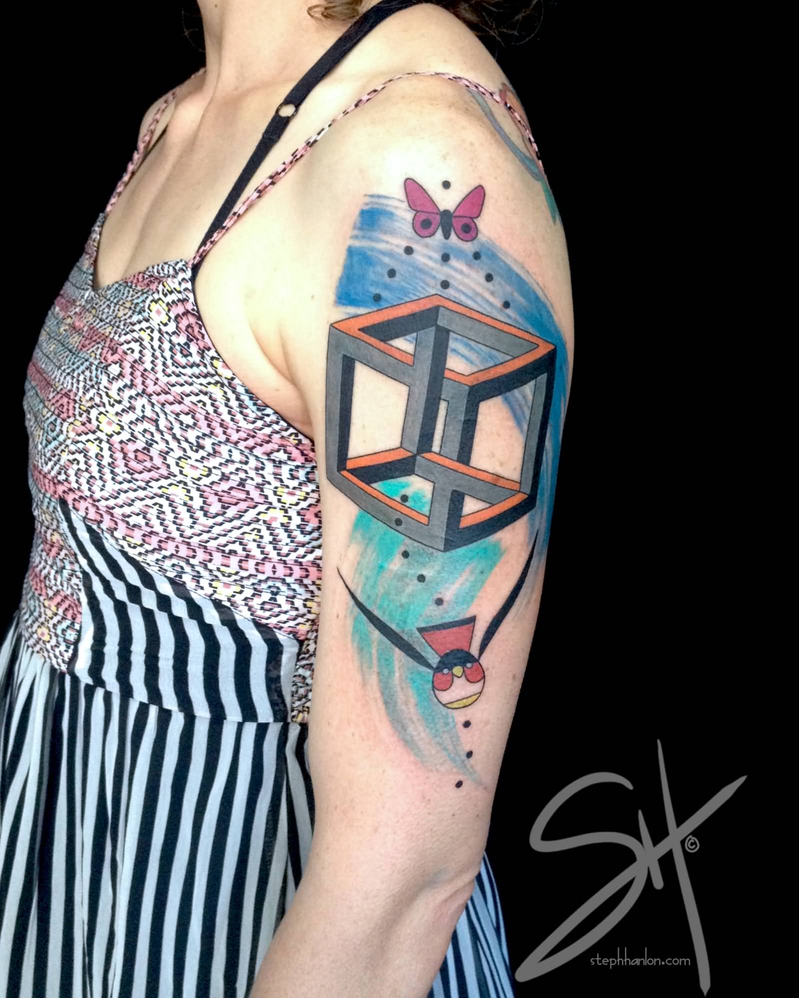 Butterfly And Escher Cube Tattoo On Left Half Sleeve