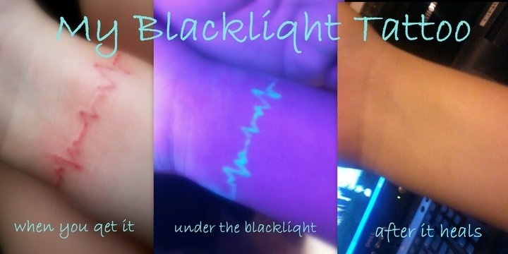 Cardiogram In Daylight And UV Light Tattoo On Wrist