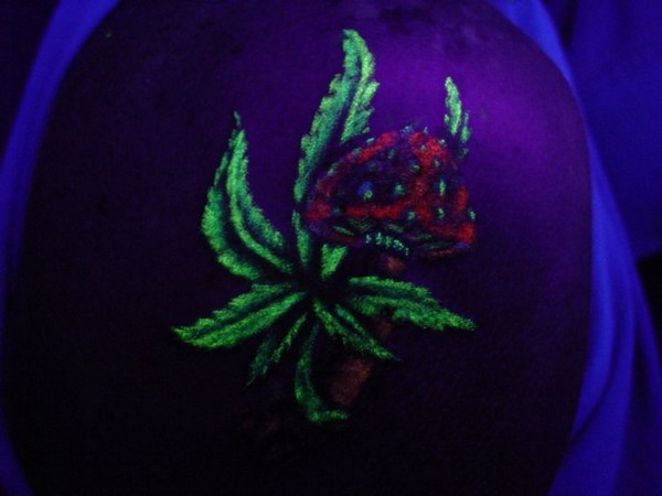 Cartoon Plant UV Tattoo On Right Shoulder