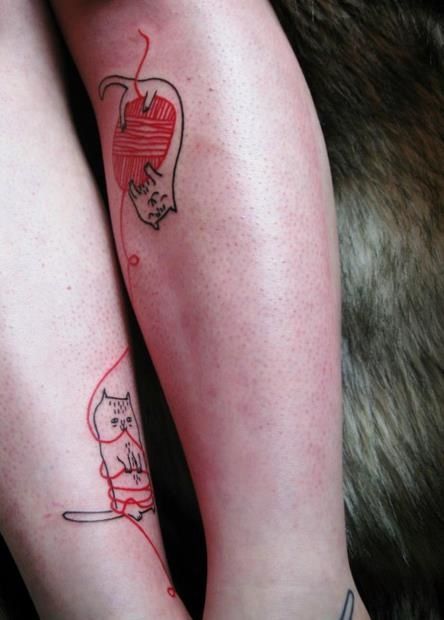 Cat And Yarn Tattoos On Both Legs