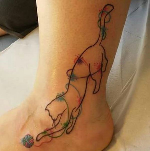 Cat Playing With Ball Of Yawn Tattoo On Ankle
