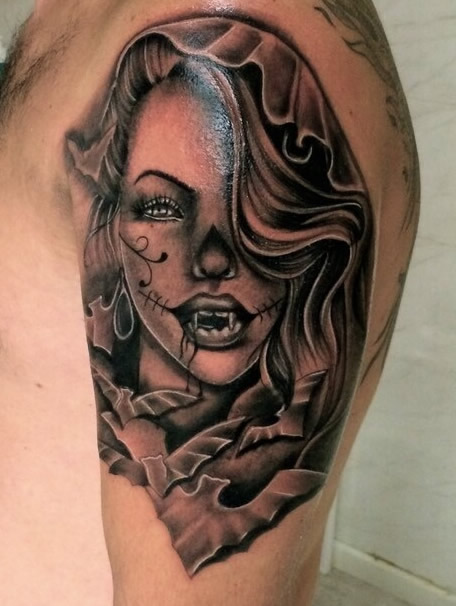 Catrina Vampire Tattoo On Left Half Sleeve