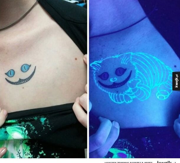 Cheshire Tattoo In Daylight And Under UV Light On Collarbone