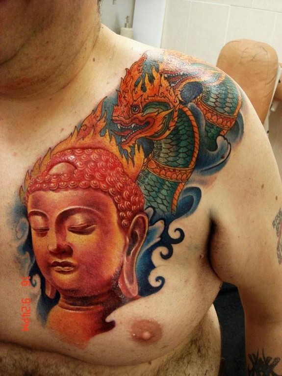 Chinese Buddha Spiritual Tattoo On Chest For Men
