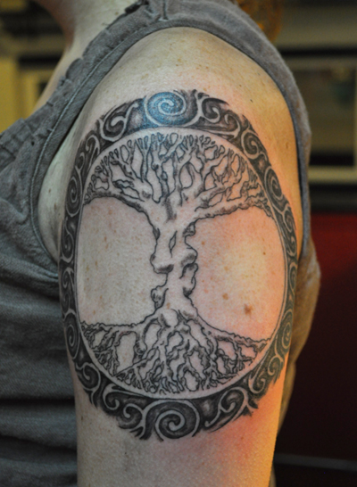 Circle Tree Of Life Tattoo On Left Half Sleeve