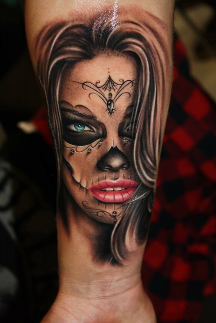 Classic Catrina Face Tattoo On Forearm