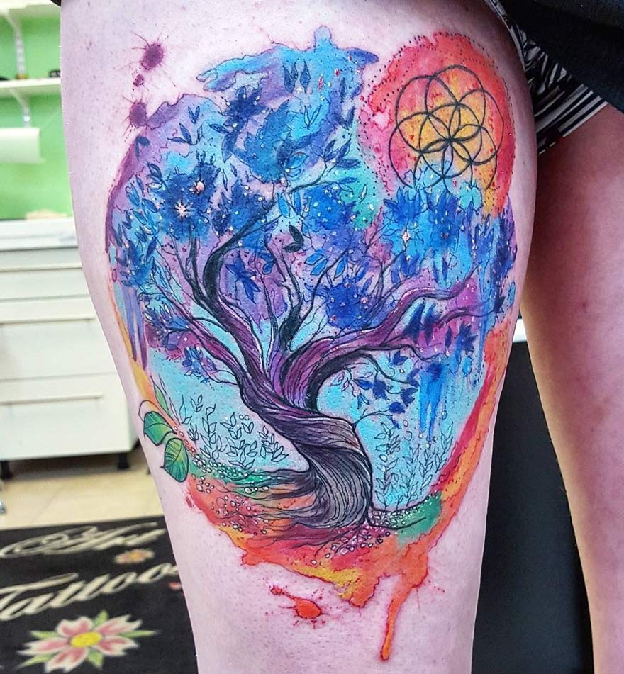 Classic Colorful Tree Of Life Tattoo On Right Thigh