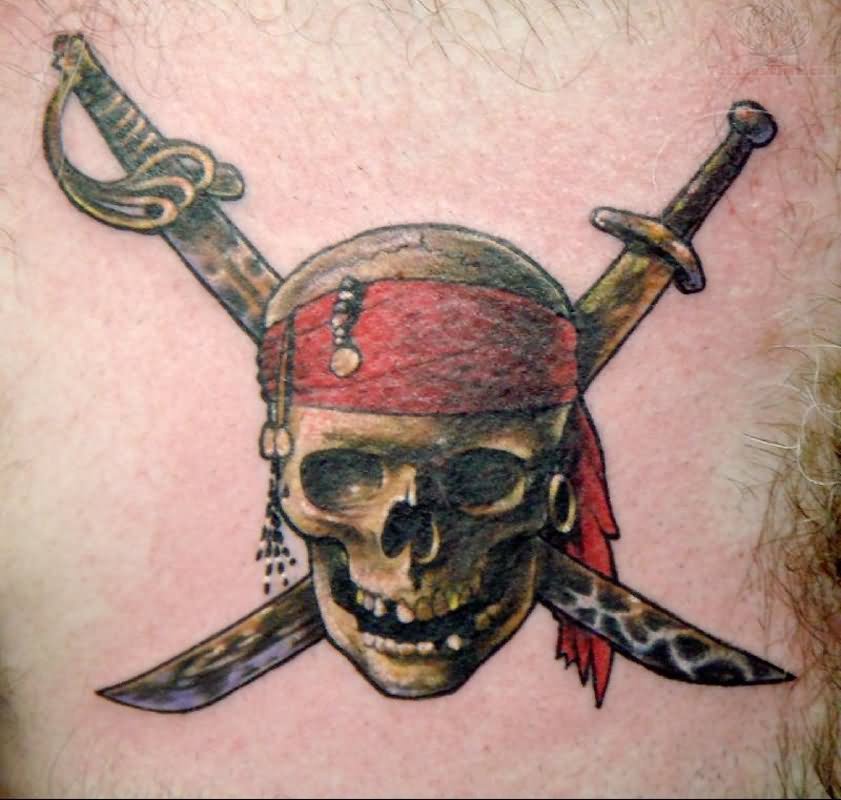 Color Ink Pirate Skull With Crossed Swords Tattoo