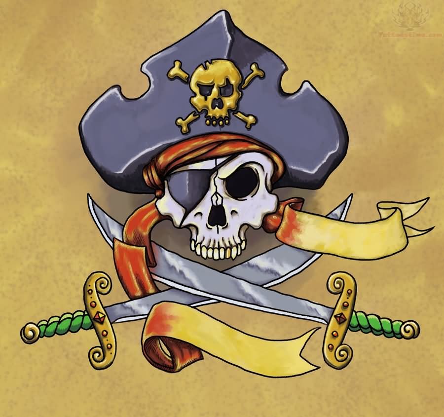 Color Pirate Skull And Knives Tattoo Design