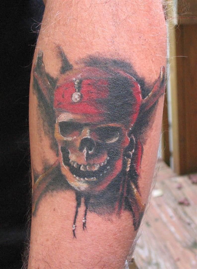 Color Pirate Skull With Cross Bones Tattoo On Sleeve