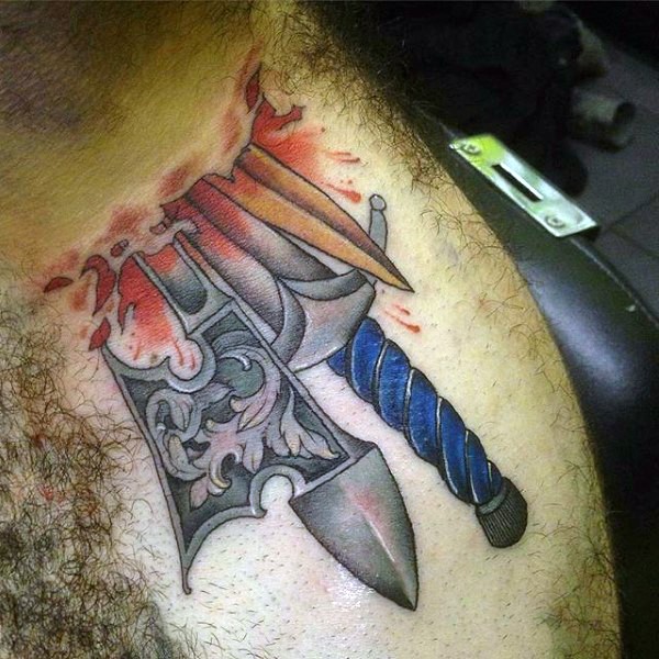 Colored Various Weapons Tattoo On Upper Shoulder